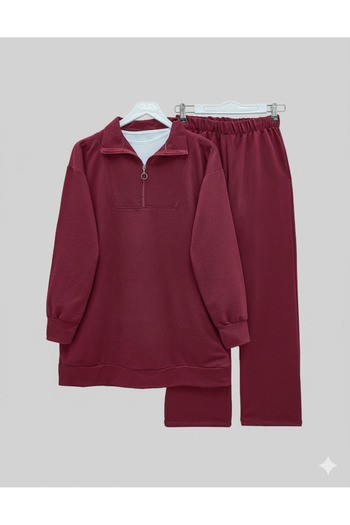 Kirazgym Zippered Detailed Stand Collar Combed Cotton Suit