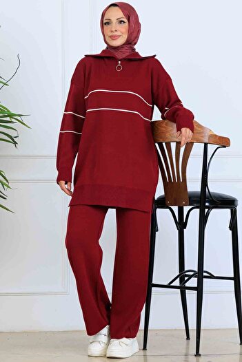 benguen Striped Knitwear Set with Zipper Collar S1050 Claret Red