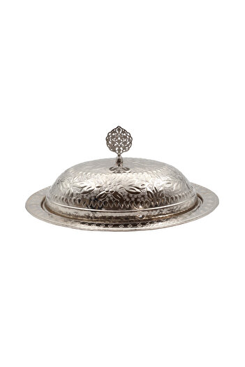 ANTEPSEPETİ Silver Plated Copper Engraved Oval Sahan (37 cm)