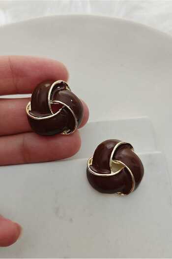 KYOLA DESİGN Coffee Enamel Curved Gold Women's Earrings (2.5 cm Diameter)