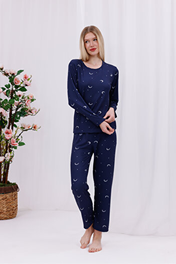 Arvin Pijama Women's Navy Blue Moon and Star Printed Soft Textured Long Sleeve Knitted Pajama Set