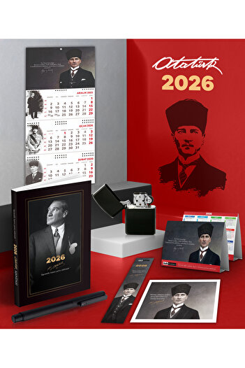 Halk Kitabevi 2026 Ататюрк Бъдеща програма - Календар за стена Гази - Метална ролкова химикалка и бензинова запалка