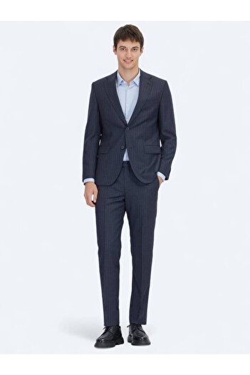 Kip Navy Blue Striped Modern Fit Wool Blend Suit