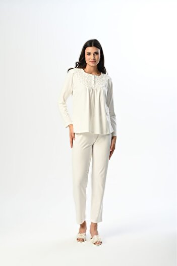 Pelin Women's Ecru Lace Detailed Maternity 3-Piece Pajama Set