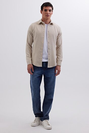 Tudors Erkek Slim Fit Dar Kesim Uzun Kollu Düz Kışlık Oduncu Bej Gömlek