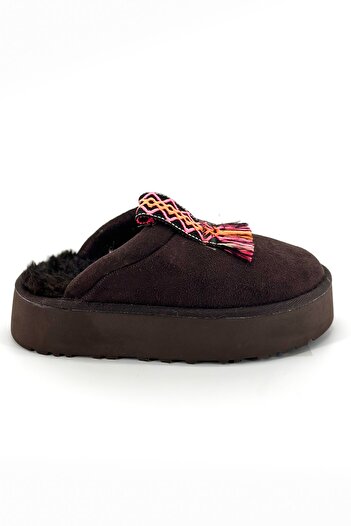 Shoebutik Coin Bitter Brown Ethnic Tape Detail Plush Women's Slippers