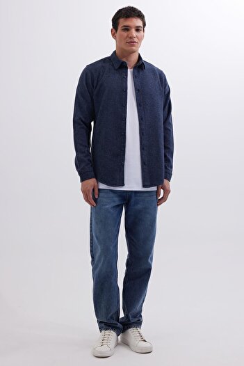 Tudors Erkek Slim Fit Dar Kesim Uzun Kollu Düz Kışlık Oduncu Lacivert Gömlek