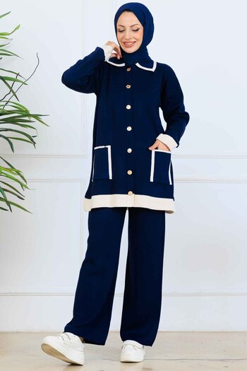benguen Buttoned Line Detailed Knitwear Set S1043 Navy Blue