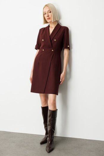 Ekol Double-Breasted Collar Ornamental Buttoned Dress