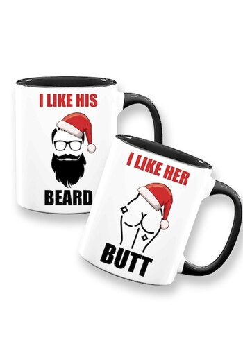 OEM Set of 2 Personalized Mugs for Couples with Message: 'I like his beard, I like her butt', Christmas