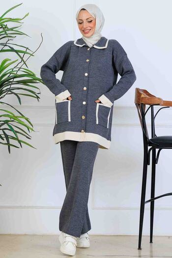 benguen Buttoned Line Detailed Knitwear Set S1043 Anthracite
