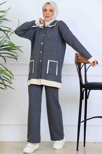 benguen Buttoned Line Detailed Knitwear Set S1043 Anthracite