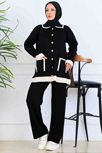 benguen Buttoned Line Detailed Knitwear Set S1043 Black