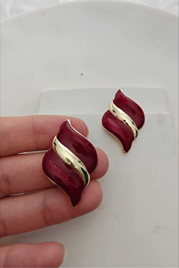 KYOLA DESİGN Burgundy Enamel Wavy Elegant Gold Women's Earrings