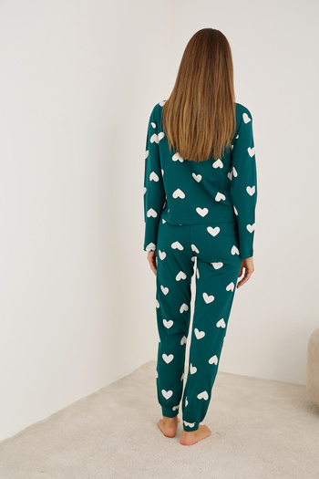 Siyah İnci yeşil beyaz kalp baskılı Örme Pamuklu Pijama Takımı7613