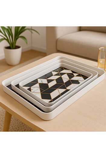 SUPPLIER Serving Trays Set of 3 | Black and White Marble Pattern with Gold Lines