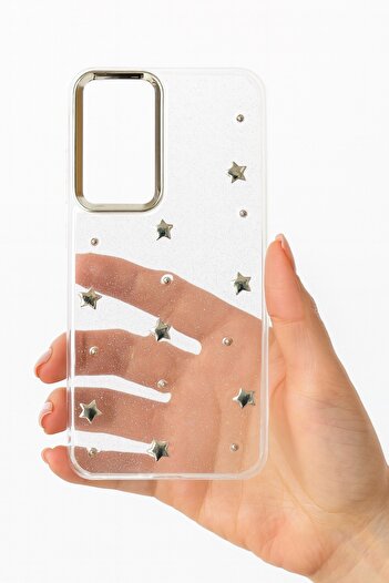 Alstrap Samsung Galaxy S25 Fe Compatible Shiny Transparent Silicone Case with Metal Pattern, Shock Absorbing, Protection