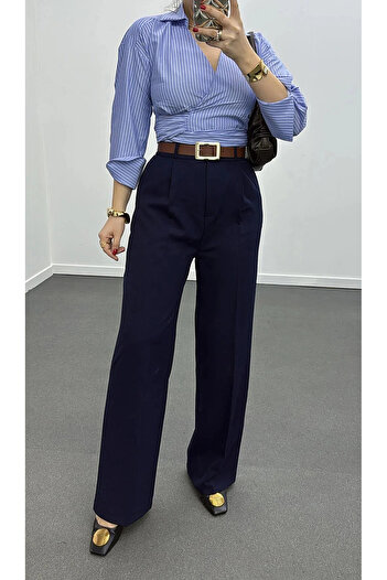 studio fashion 1988 Women's Navy Blue Pleated High Waist Wide Leg Pocketed Polyviscose Fabric Palazzo Pants