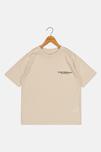 BLANK ESSENTIALS Kids Boy Short Sleeve Brand Logo T-shirt, Beige