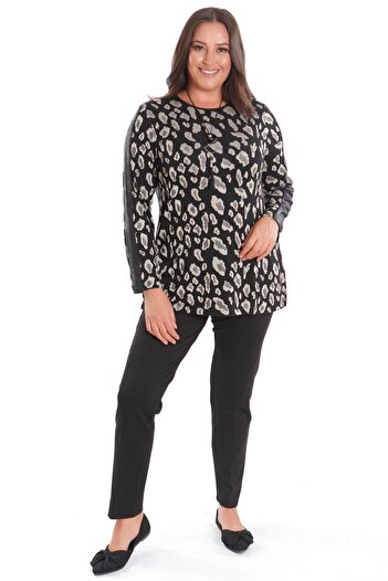 Metpoint Trend42Plus Plus Size Leopard Print Sleeves Leather Stripe Black Blouse