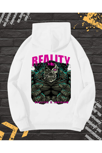OEM Men's Hoodie with Front-Back Print, Reality, Cotton, White, Size S INTL