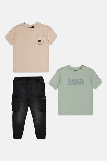 BENCH Kids Boy 3 Pieces Short Sleeve Tops And Jeans Set, Multicolor