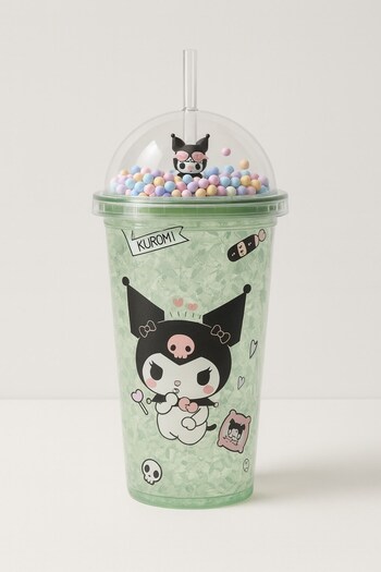 HediyeFilesi Kuromi Themed Water Bottle with Straw, Frosted Glass Look, 450 ml Double Layer Mica Water Bottle 2647 Green