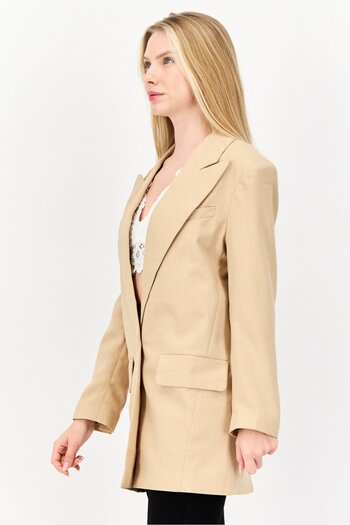Asos Design Women Petite Long Solid Semi Formal Blazer, Stone