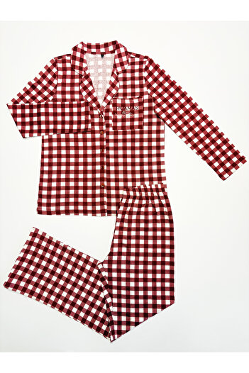 Siyah İnci Burgundy Plaid Patterned Knitted Pocket Detailed Buttoned Cotton Pajama Set7611