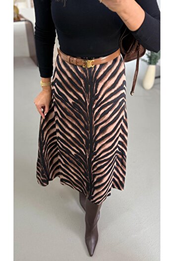 Sezgi Tekin Tiger Pattern Satin Brown Midi Skirt