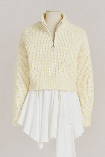 LACHT Women's Ecru Collar Zippered Thick Knit Sweater