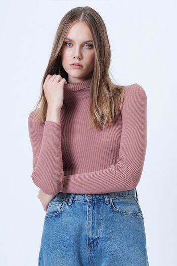 VAGGON Women's Dusty Rose Turtleneck Ribbed Long Sleeve Knit Sweater Vs01202