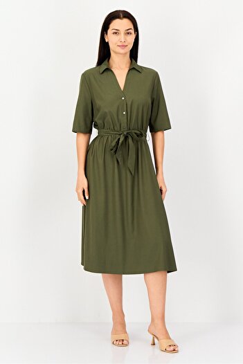ORSAY Women Plain Belted Midi Dress, Dark Olive
