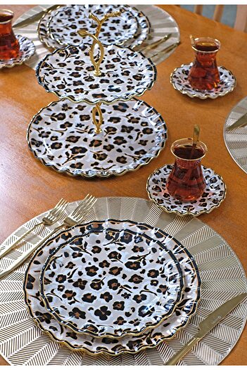 Onedekor 34 Piece Panthera Leopard Gilded 6-Person Cake Tea Serving Catering Set