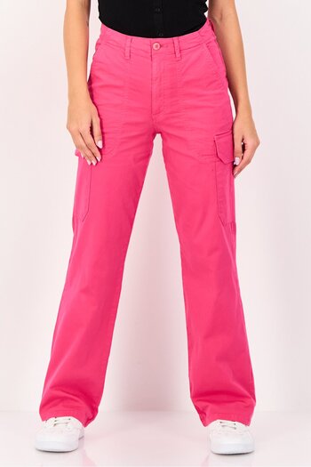 Reiko Women Regular Fit High Rise Solid Flared Cargo Pants, Pink