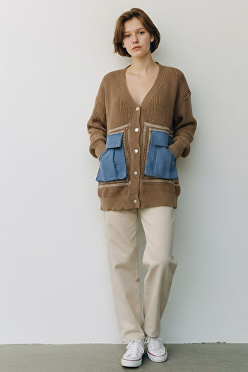 NEWCO Oversize Knit Cardigan with Pockets - Denim Detailed Buttoned Thick Textured Women's Cardigan