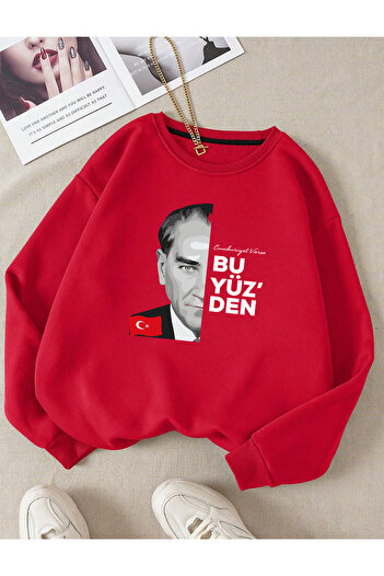 SUNFREE Ataturk and Republic Printed Oversize Red Sweatshirt