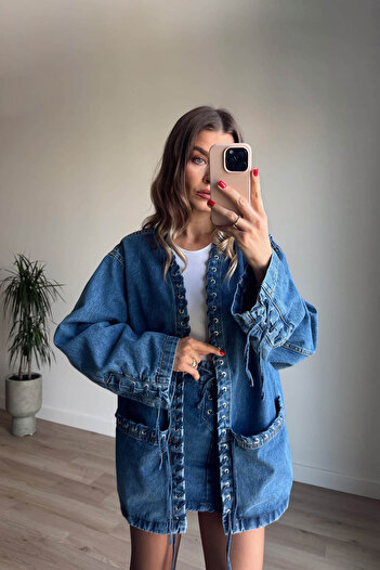 Sue Store Blue Bird Eye Detailed Denim Skirt Jacket Set