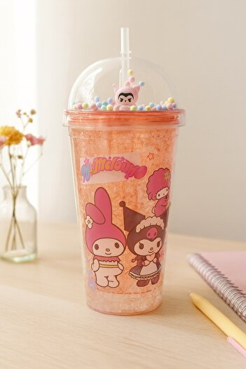 Deco Elit Kuromi Themed Pink Water Bottle with Straw, Frosted Glass Look, 450 ml Double Layer Mica Water Bottle 2647 Pink