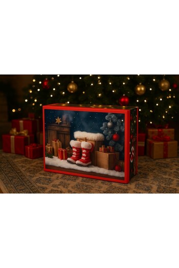 OEM Christmas Gift Box with Boots and Gifts Design, Red Interior, 35.5 x 27.5 x 15.5 cm