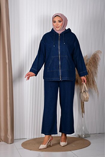 AKŞEN GİYİM Set de jachetă cu glugă și pantaloni largi, 100% denim, spălat și decolorat, mărime mare