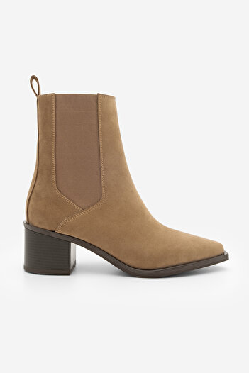 Marjin Women's Pointed Toe Thick Heeled Double Elastic Heeled Boots Ropes Tan Suede