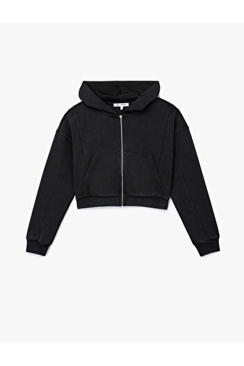 Koton Comfortable Fit Kangaroo Pocket Zippered Washable Hooded Crop Sweatshirt
