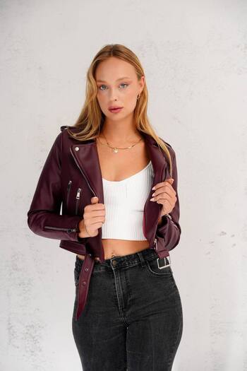 b buhari bykoc Leather Jacket with Zipper Belt Detail