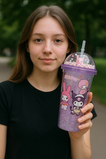 HediyeFilesi Kuromi Themed Purple Water Bottle with Straw, Frosted Glass Look, 450 ml Double Layer Mica Water Bottle 2647 Purple