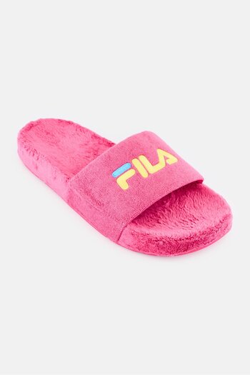 FILA Men Brand Logo Slip On Faux Fur Slides, Pink