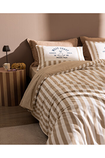 Madame Coco Olivier King Size 100% Cotton Ranforce Printed Duvet Cover Set - Beige