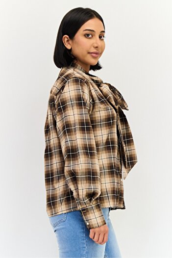 Threadbare Women Tie Neckline Long Sleeves Plaid Shirt, Multicolor