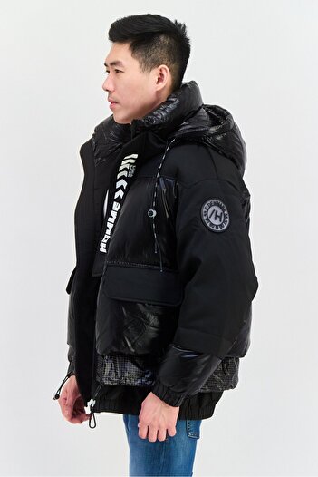 Selected Homme Men Hooded Graphic Print Parka Jacket, Black