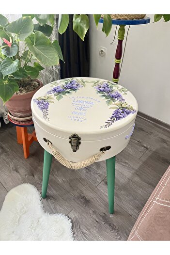 Bypinaryuksel Çiçek Desenli Yuvarlak Bavul Sehpa